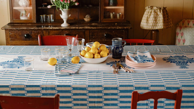 molly Mahon tablescape for spring featuring pink and blue