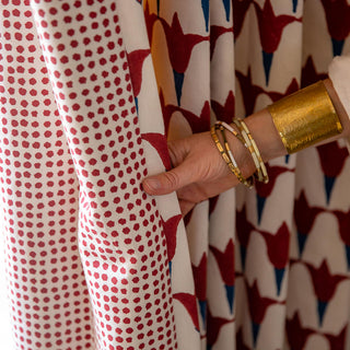 Molly Mahon hand block printed fabric Tulip Indigo Iron curtain backed with Seed design Iron to bring a boost of colour