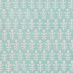 A close-up of a turquoise wallpaper with a repeating white leaf pattern.