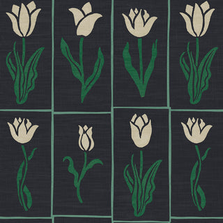 Wallpaper pattern of white tulips with green stems on a black background
