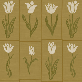 Wallpaper pattern of white tulips with olive green stems on a gold beige background