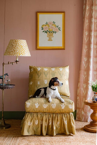 Block printed cotton linen fabric by Molly Mahon in botanical tulip design