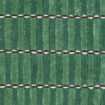A close-up of a green striped fabric pattern with horizontal rows of small white and dark red oval accents.