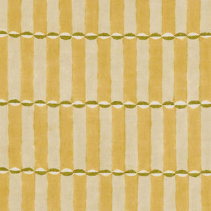 A close-up of a fabric pattern featuring vertical mustard yellow and cream stripes, accented by horizontal rows of small green and white semicircles.