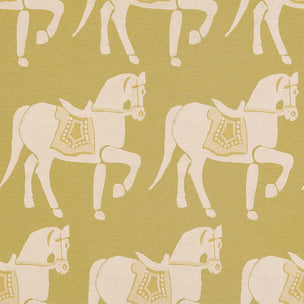 A repeating pattern of stylized cream-colored horses with decorative saddles on a muted olive-yellow background.