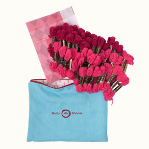 Embroidery kit - floral-pattern in a blue bag with 'Molly Mahon' branding.