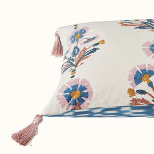 Cushion Tasselled Ikat Blue Check Dianthus Rust Rose