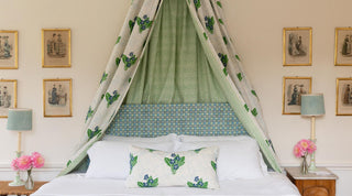 Molly Mahon Primrose design green with Seed Bed head drape and Trellis upholstered head board bring fresh colours bringing luxury and colour together