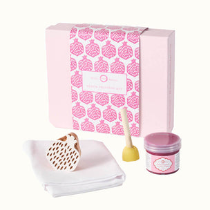 Block printing kit with patterned box, on a white background