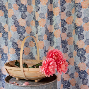 Dahlia Block printed Fabric Cotton Indigo Peach