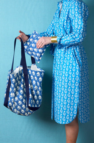 Printed Cotton Canvas Bag in Boats Indigo Blue